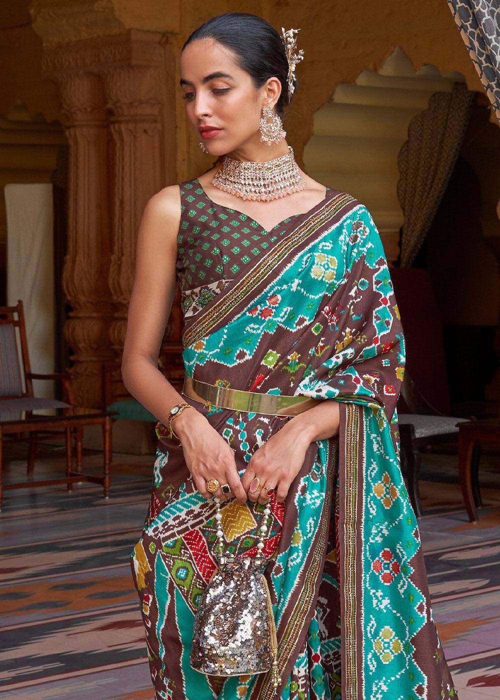 Blue & Brown Printed Patola Silk Saree with Zari Border & Tassels on Pallu | Stitched Blouse - qivii