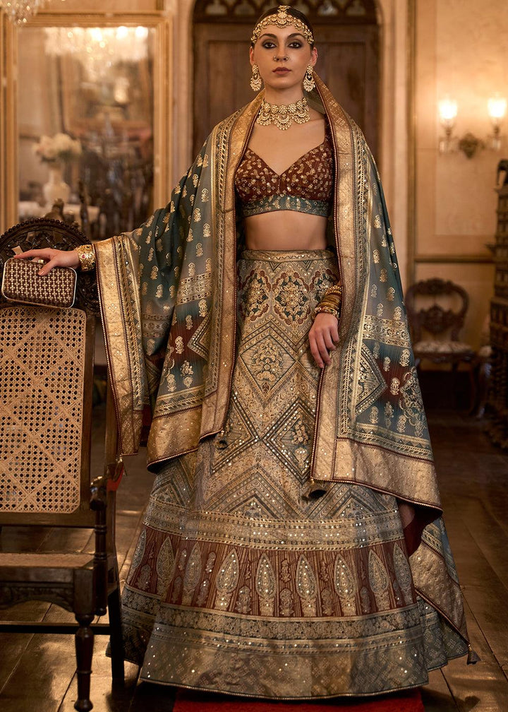 Blue & Brown Ready to Wear Designer Silk Lehenga Choli with Sparkle & Aari Mirror work - qivii