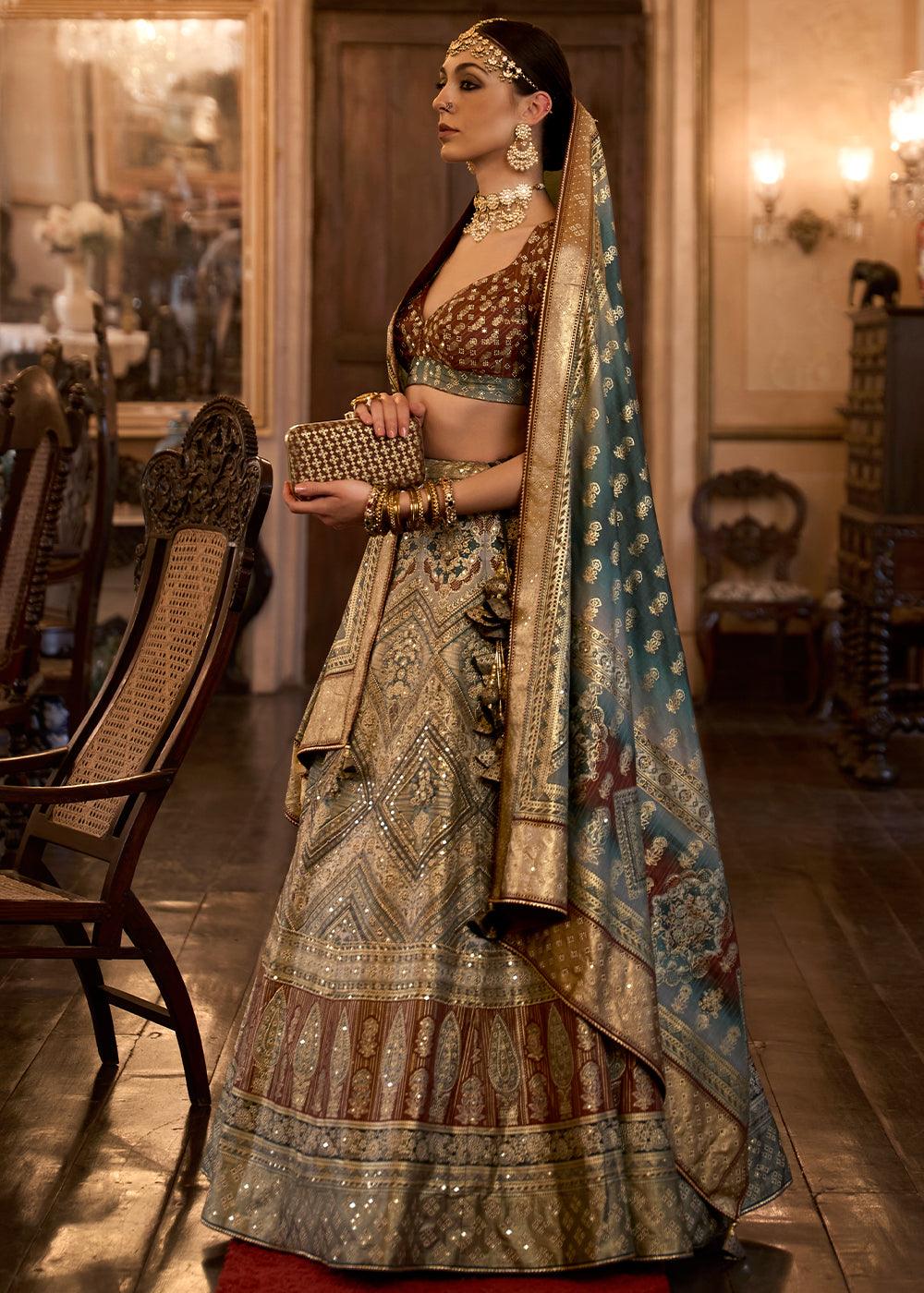 Blue & Brown Ready to Wear Designer Silk Lehenga Choli with Sparkle & Aari Mirror work - qivii