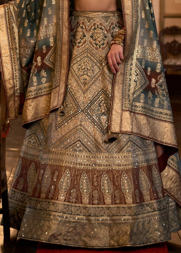 Blue & Brown Ready to Wear Designer Silk Lehenga Choli with Sparkle & Aari Mirror work - qivii