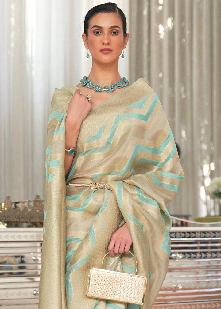 Blue & Golden Lehariya Handloom Weaving Organza Silk Saree | Stitched Blouse - qivii