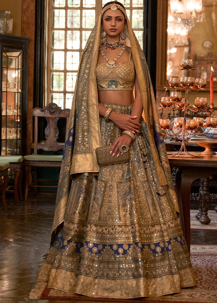 Blue & Golden Ready to Wear Designer Silk Lehenga Choli with Sparkle & Mirror work - qivii