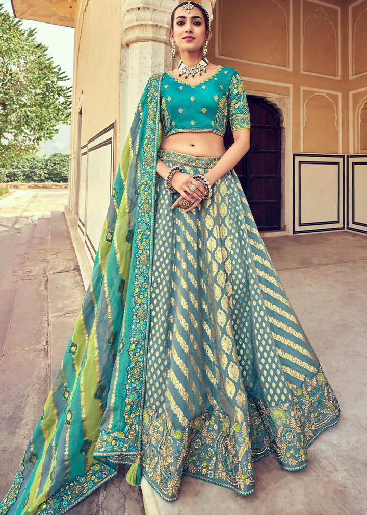 Blue & Green Banarasi Silk Lehenga Choli with Khatli and Heavy Embroidered work - qivii