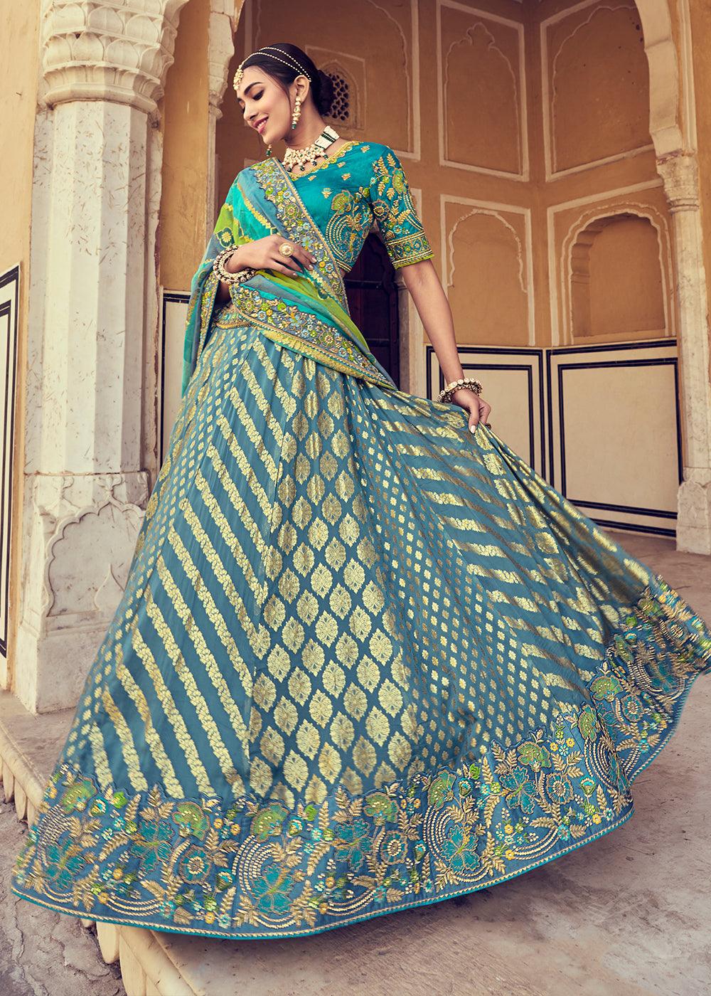 Blue & Green Banarasi Silk Lehenga Choli with Khatli and Heavy Embroidered work - qivii