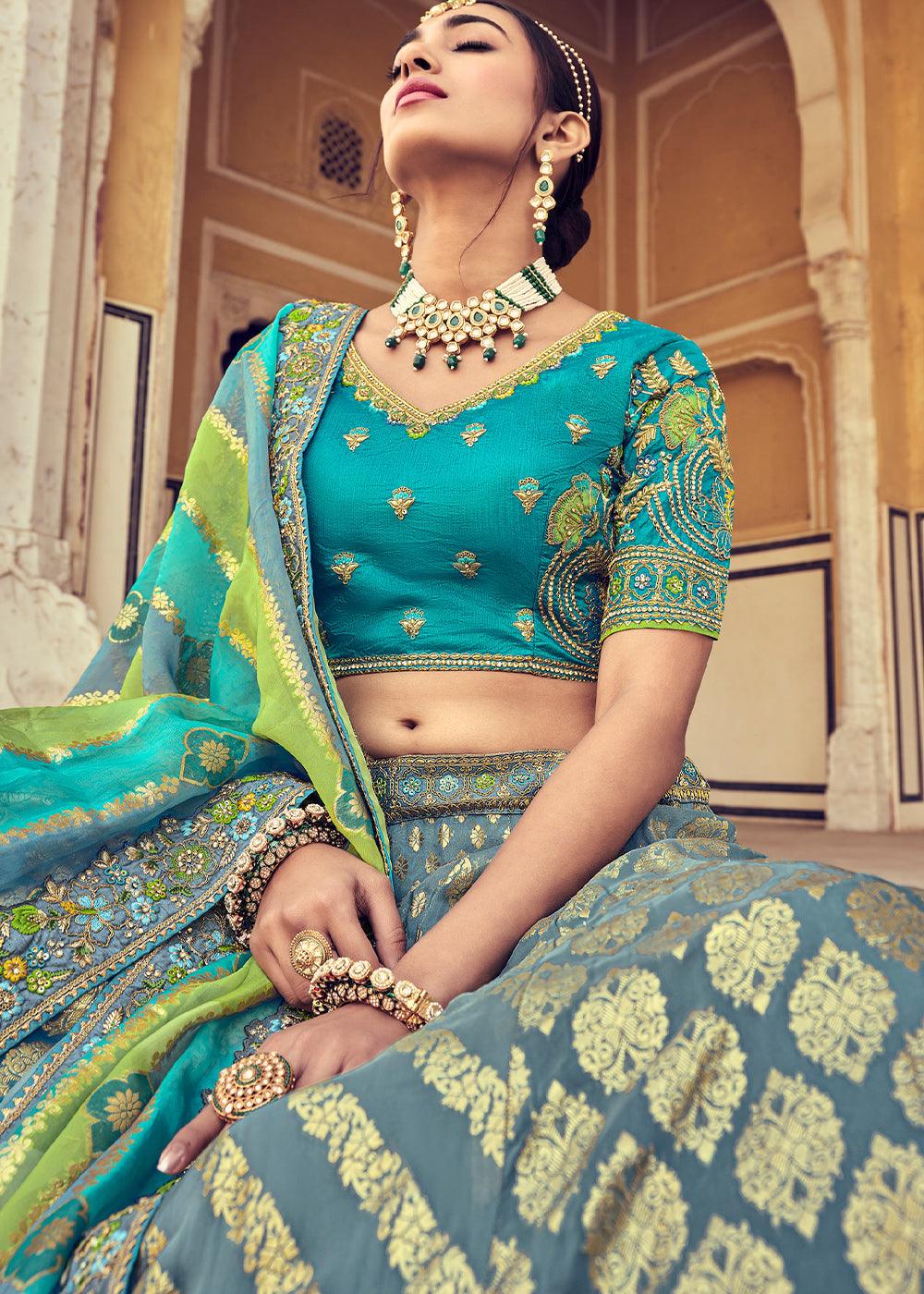 Blue & Green Banarasi Silk Lehenga Choli with Khatli and Heavy Embroidered work - qivii