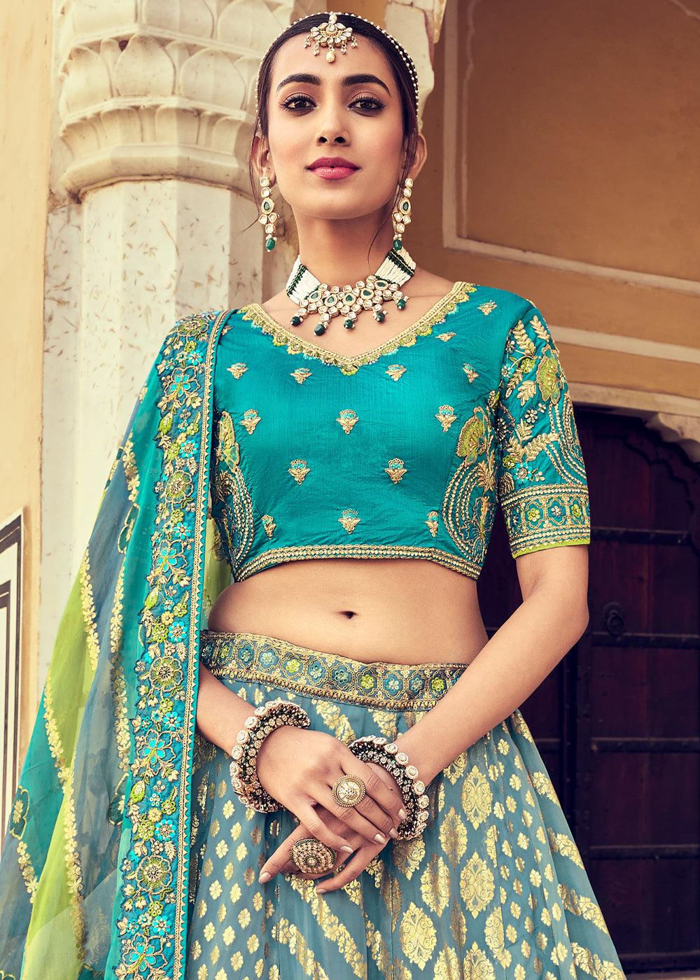 Blue & Green Banarasi Silk Lehenga Choli with Khatli and Heavy Embroidered work - qivii