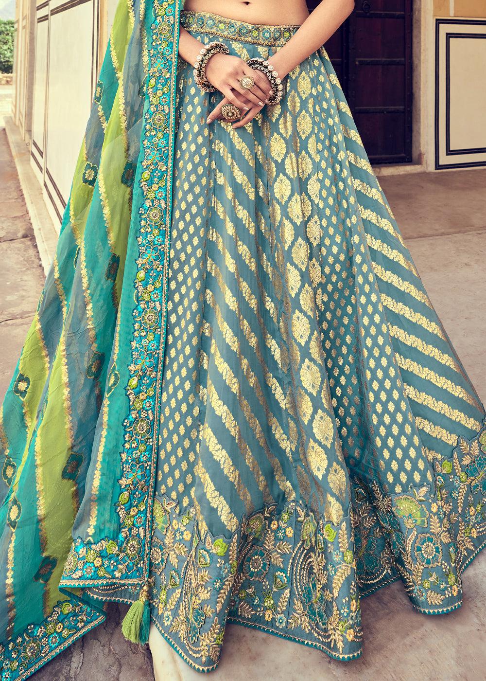 Blue & Green Banarasi Silk Lehenga Choli with Khatli and Heavy Embroidered work - qivii