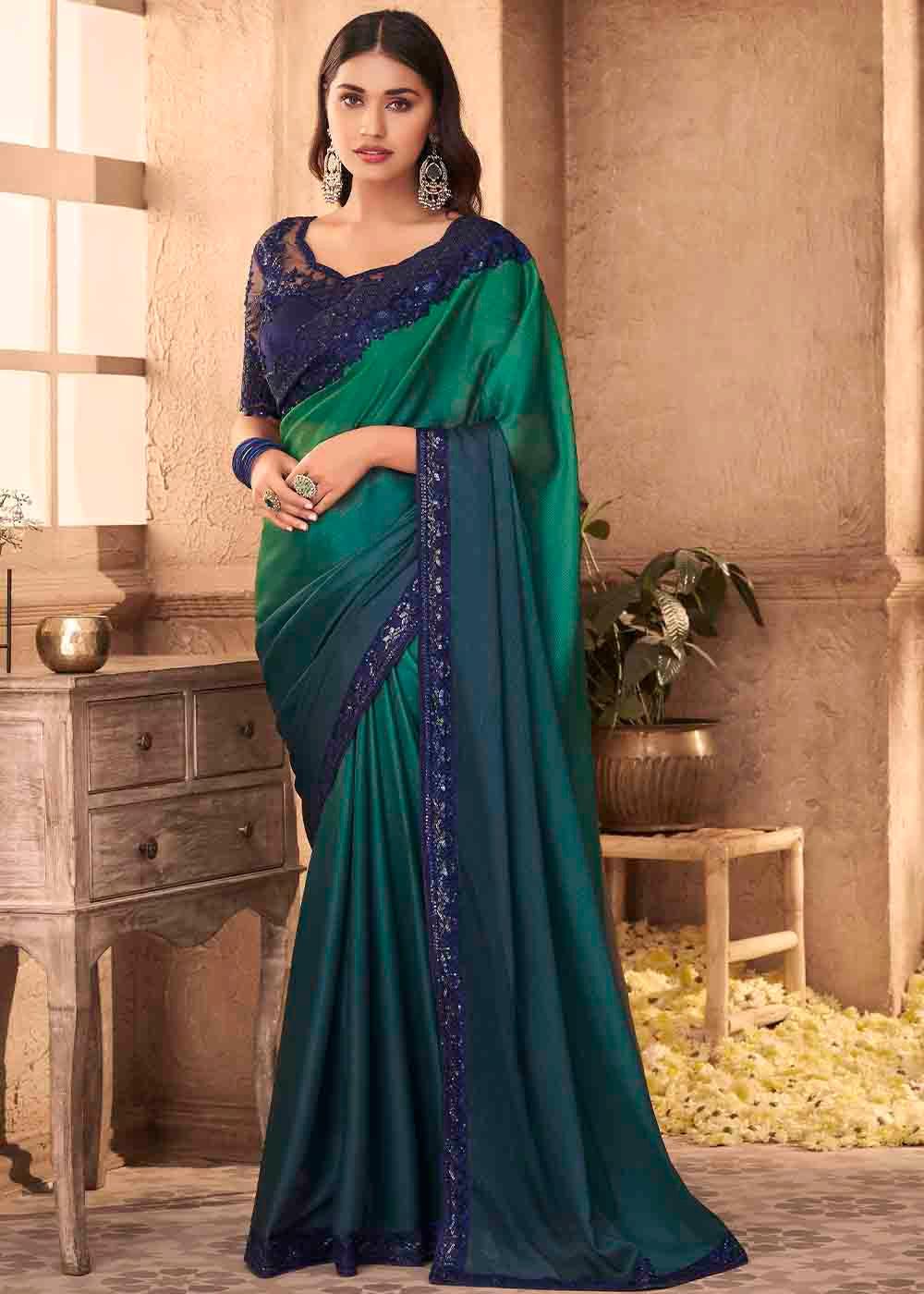 Blue & Green Designer Embroidered Satin Silk Saree with Sequence work | Stitched Blouse - qivii