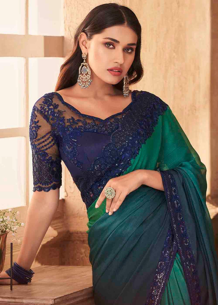 Blue & Green Designer Embroidered Satin Silk Saree with Sequence work | Stitched Blouse - qivii