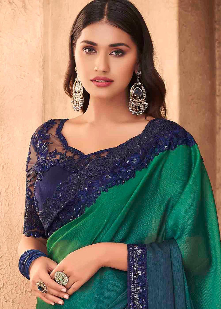 Blue & Green Designer Embroidered Satin Silk Saree with Sequence work | Stitched Blouse - qivii