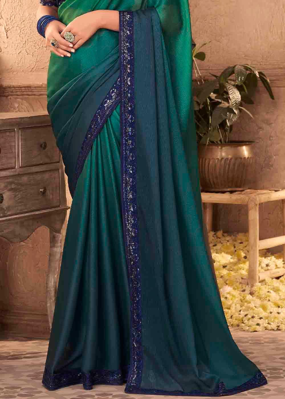 Blue & Green Designer Embroidered Satin Silk Saree with Sequence work | Stitched Blouse - qivii