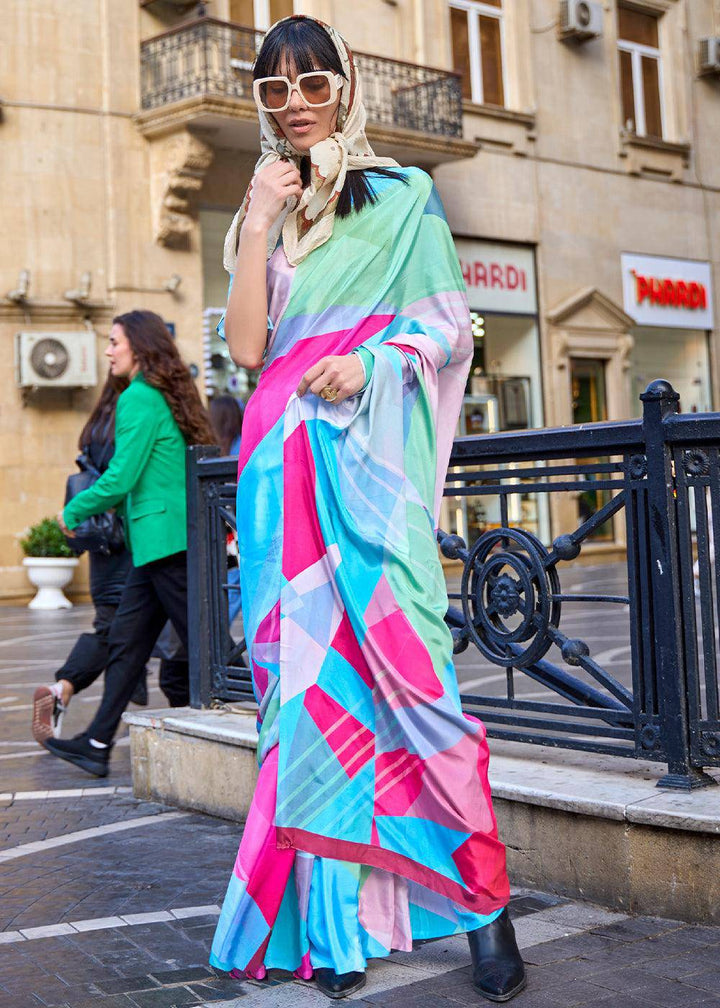 Blue & Green Digital Printed Crepe Silk Saree | Stitched Blouse - qivii