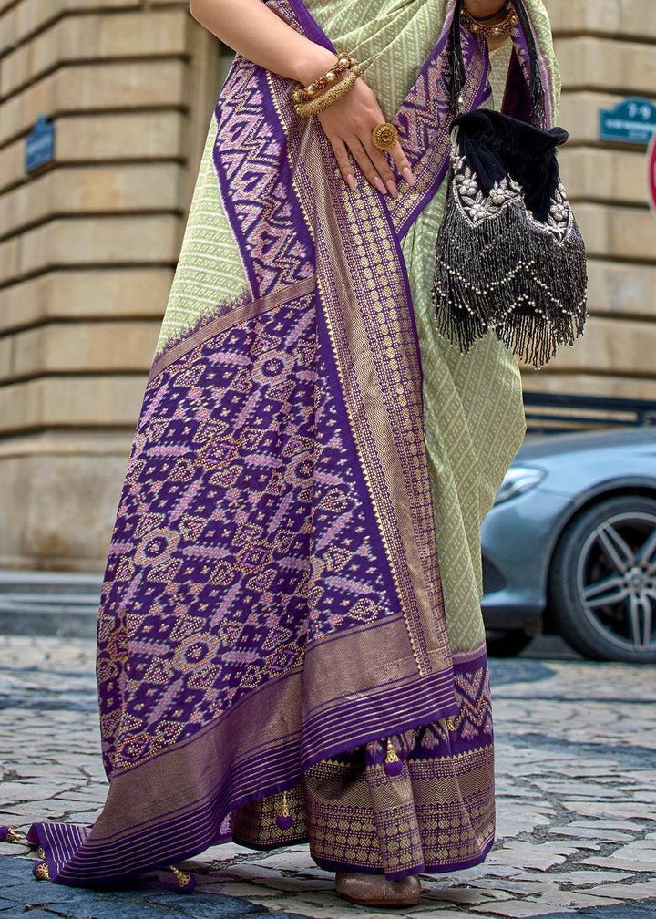 Blue & Green Patola Printed Viscose Silk Saree | Stitched Blouse - qivii