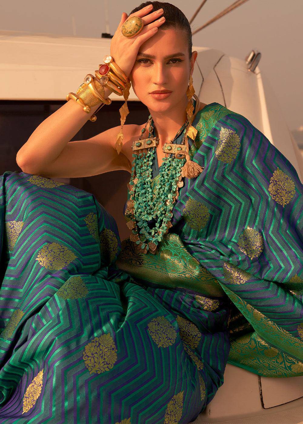 Blue & Green Two Tone Designer Satin Silk Saree | Stitched Blouse - qivii