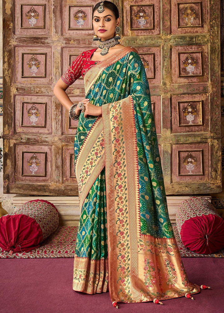 Blue & Green Woven Patola Printed Dola Silk Saree with Heavy Embroidered Blouse | Stitched Blouse - qivii