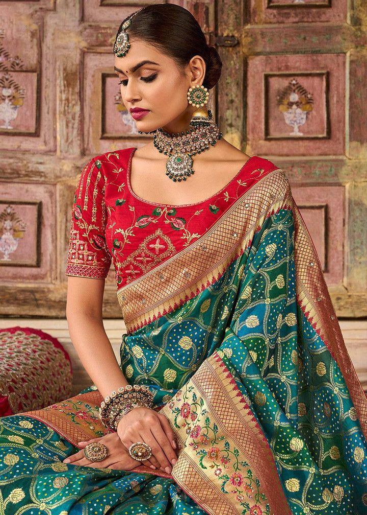 Blue & Green Woven Patola Printed Dola Silk Saree with Heavy Embroidered Blouse | Stitched Blouse - qivii