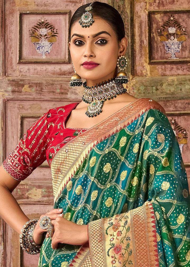 Blue & Green Woven Patola Printed Dola Silk Saree with Heavy Embroidered Blouse | Stitched Blouse - qivii