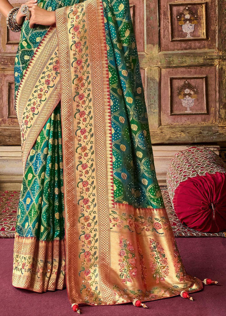 Blue & Green Woven Patola Printed Dola Silk Saree with Heavy Embroidered Blouse | Stitched Blouse - qivii