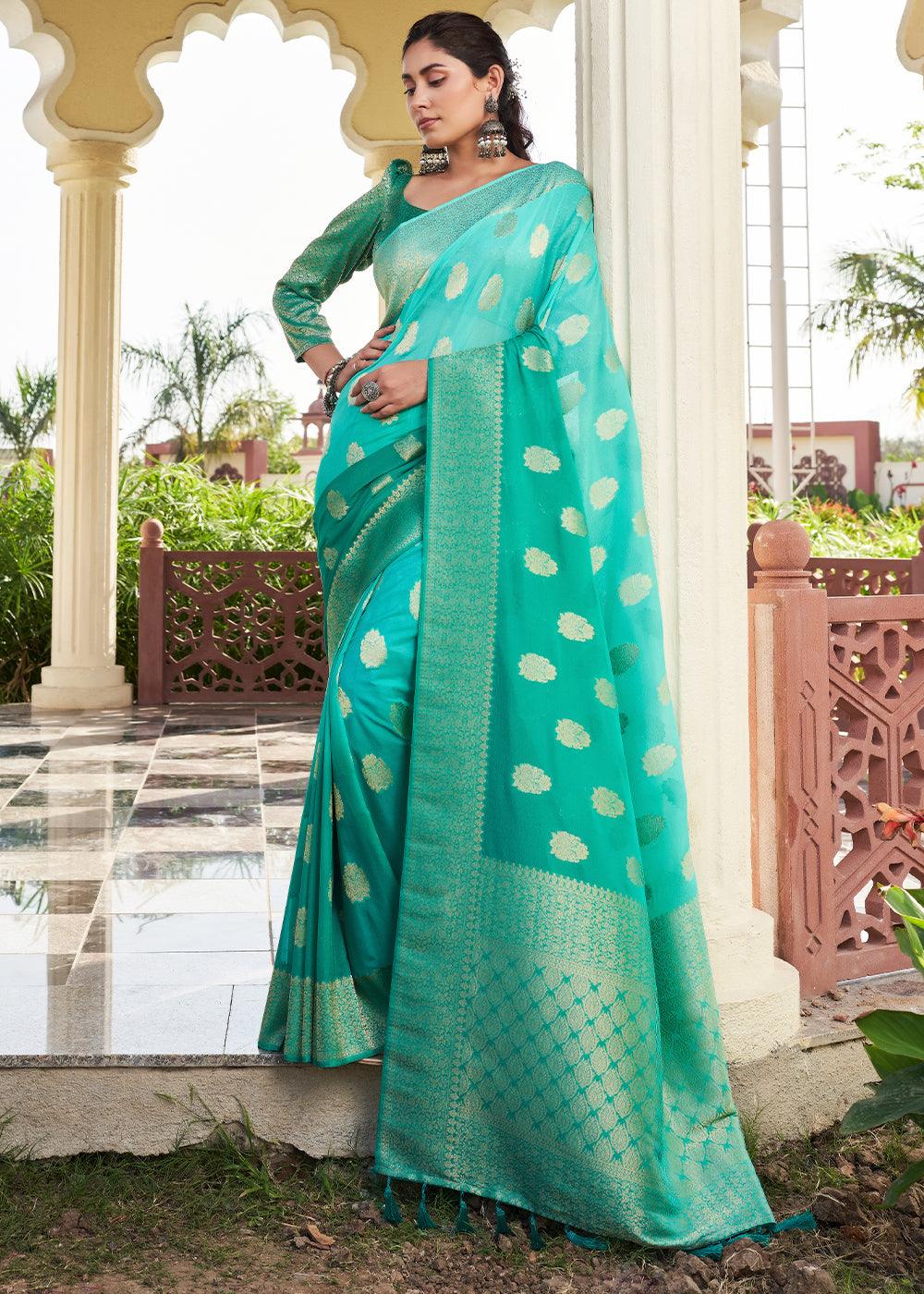 Blue & Green Zari Woven Georgette Saree - qivii