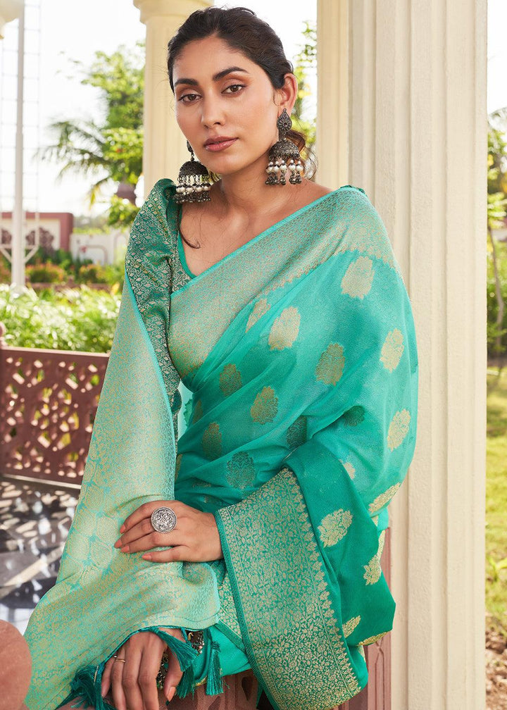 Blue & Green Zari Woven Georgette Saree - qivii