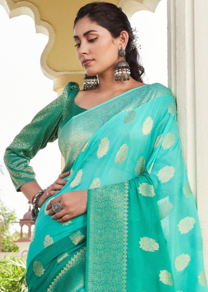 Blue & Green Zari Woven Georgette Saree - qivii