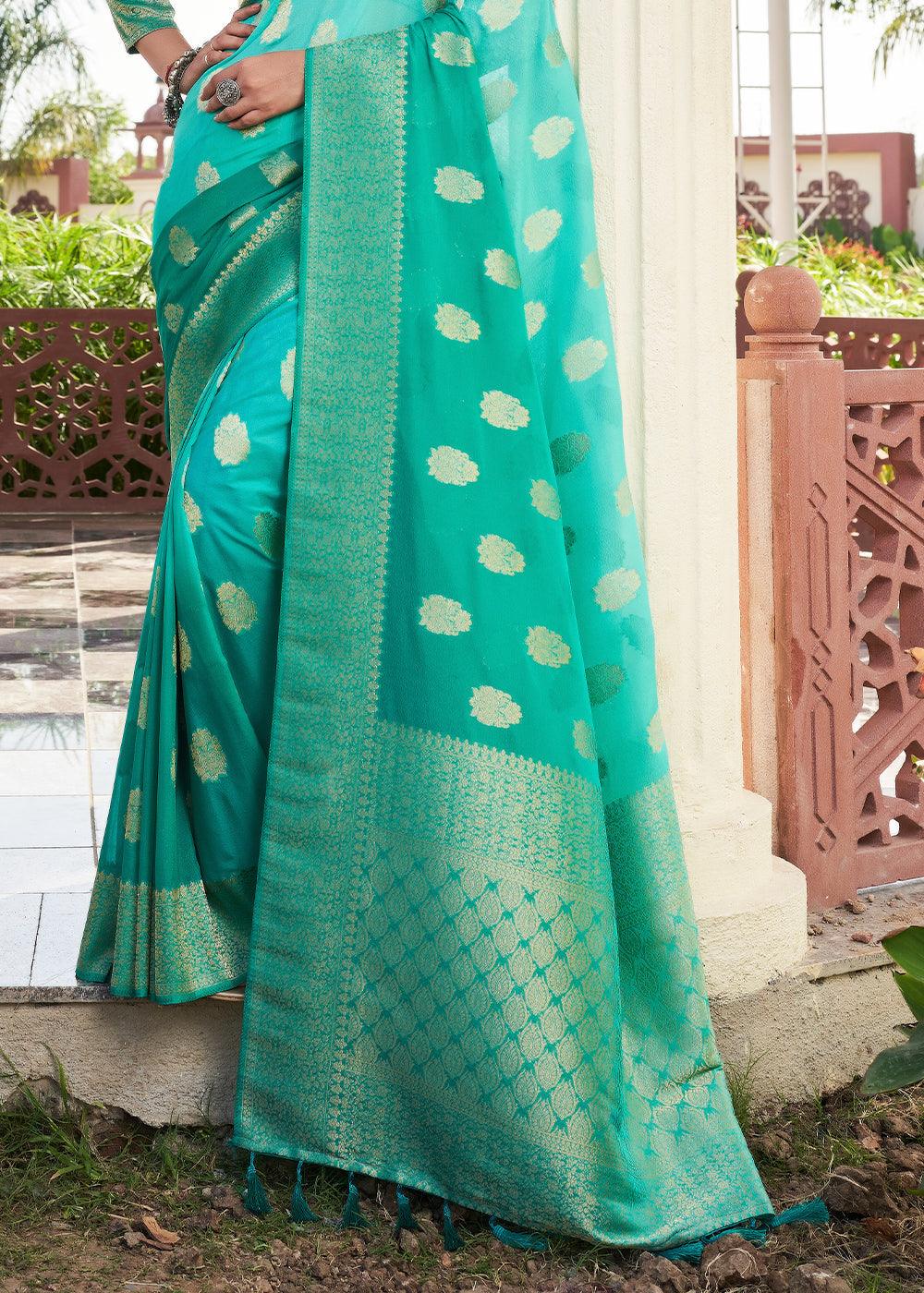 Blue & Green Zari Woven Georgette Saree - qivii