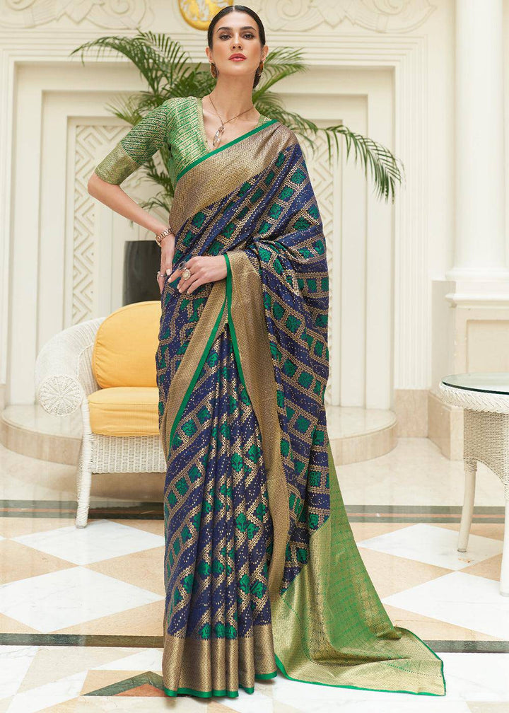 Blue & Green Zari Woven Patola Silk Saree | Stitched Blouse - qivii