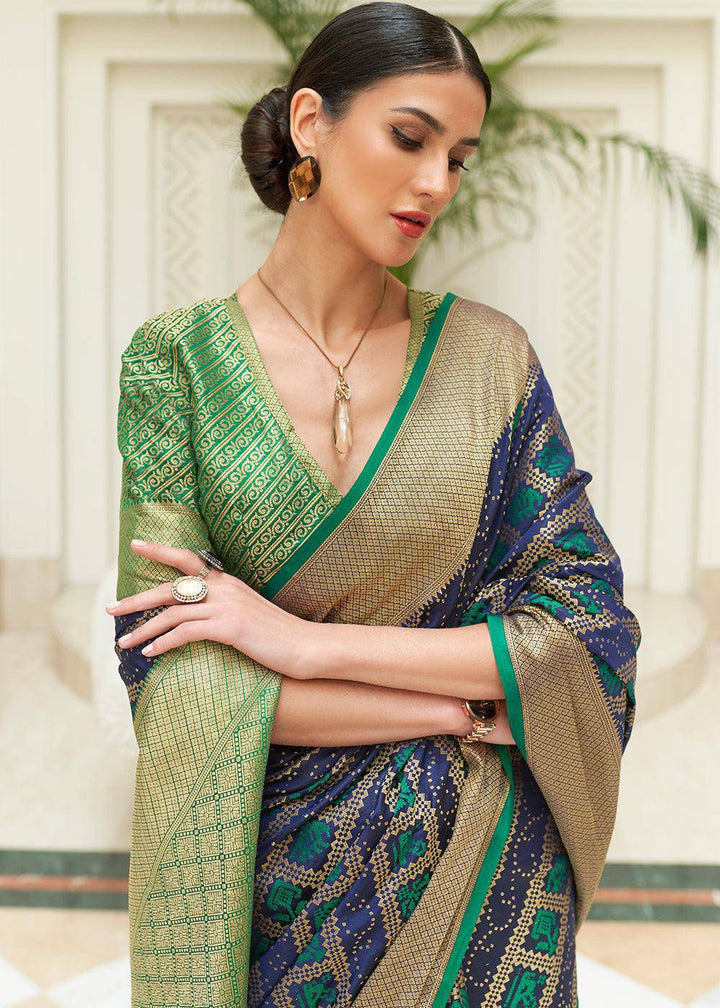 Blue & Green Zari Woven Patola Silk Saree | Stitched Blouse - qivii