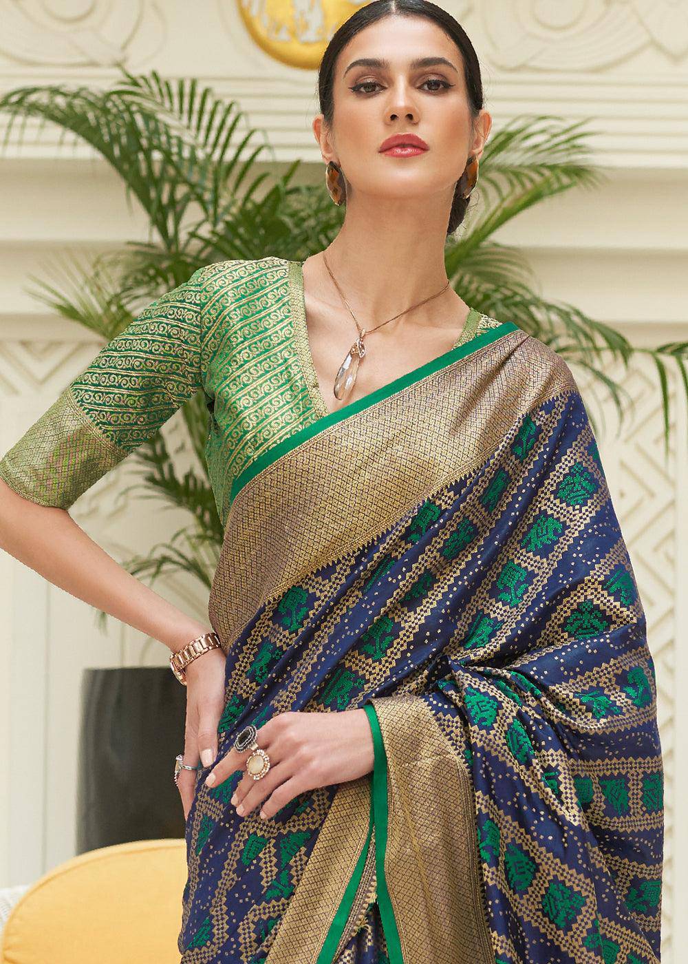 Blue & Green Zari Woven Patola Silk Saree | Stitched Blouse - qivii