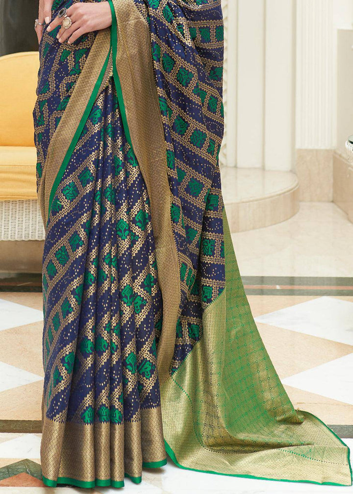 Blue & Green Zari Woven Patola Silk Saree | Stitched Blouse - qivii