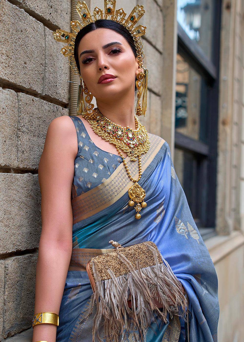 Blue & Grey Viscose Silk Saree with Aqua Finish work | Stitched Blouse - qivii