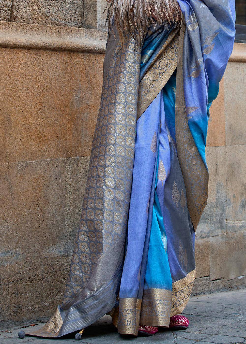 Blue & Grey Viscose Silk Saree with Aqua Finish work | Stitched Blouse - qivii