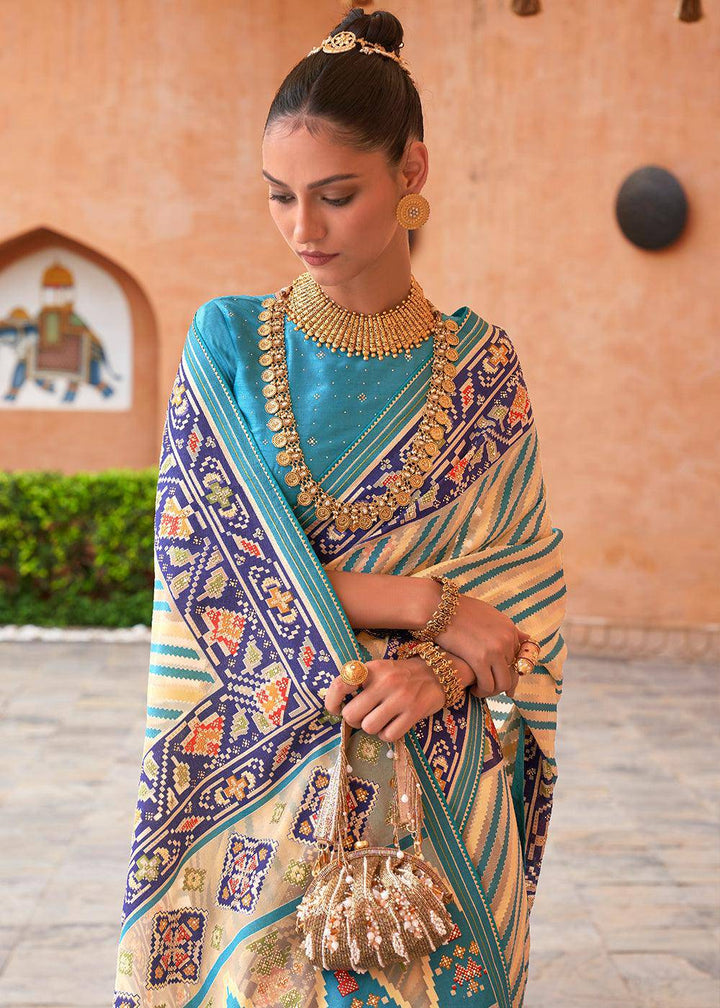 Blue & Light Yellow Patola Printed Tissue Silk Saree with Designer Blouse | Stitched Blouse - qivii