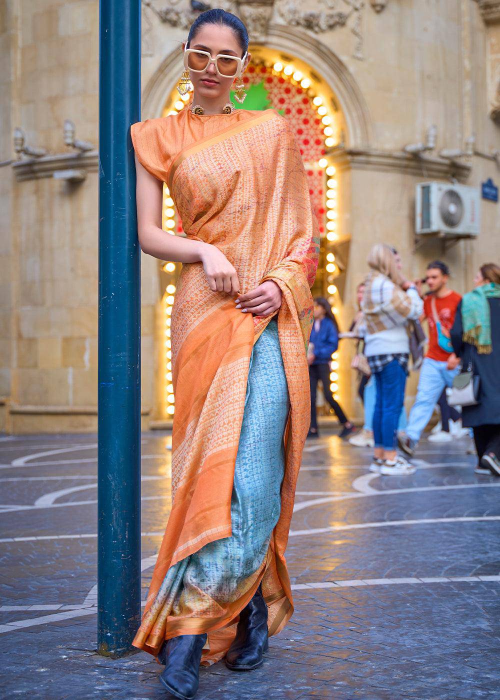 Blue & Orange Digital Printed Poly Viscose Saree | Stitched Blouse - qivii