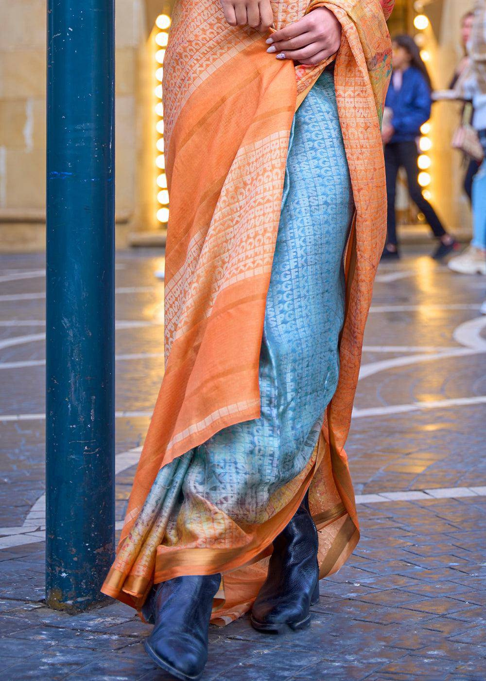 Blue & Orange Digital Printed Poly Viscose Saree | Stitched Blouse - qivii