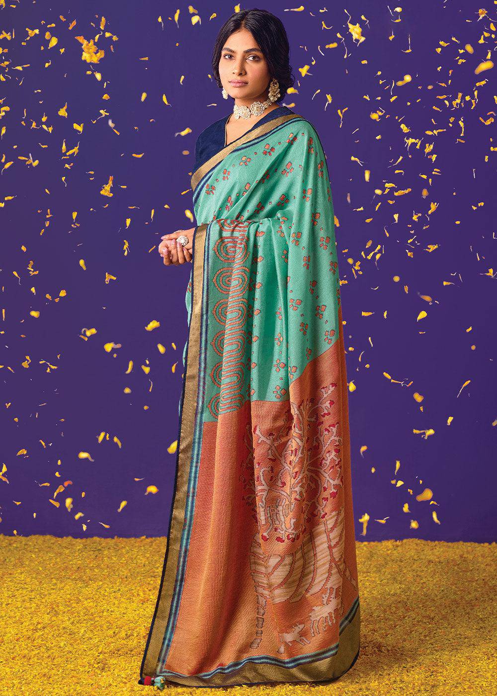 Blue & Orange Printed Paithani Silk Saree with Embroidered Blouse | Stitched Blouse - qivii