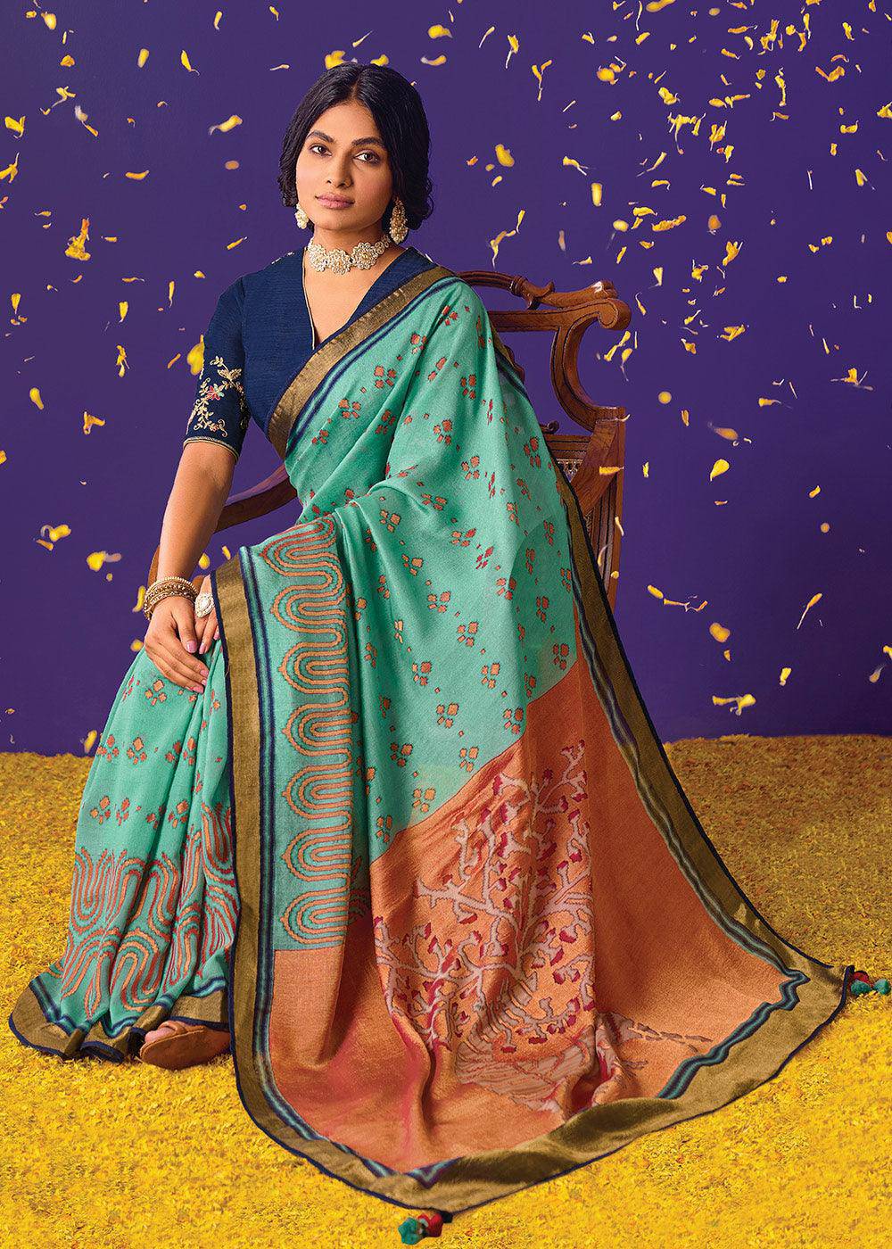 Blue & Orange Printed Paithani Silk Saree with Embroidered Blouse | Stitched Blouse - qivii