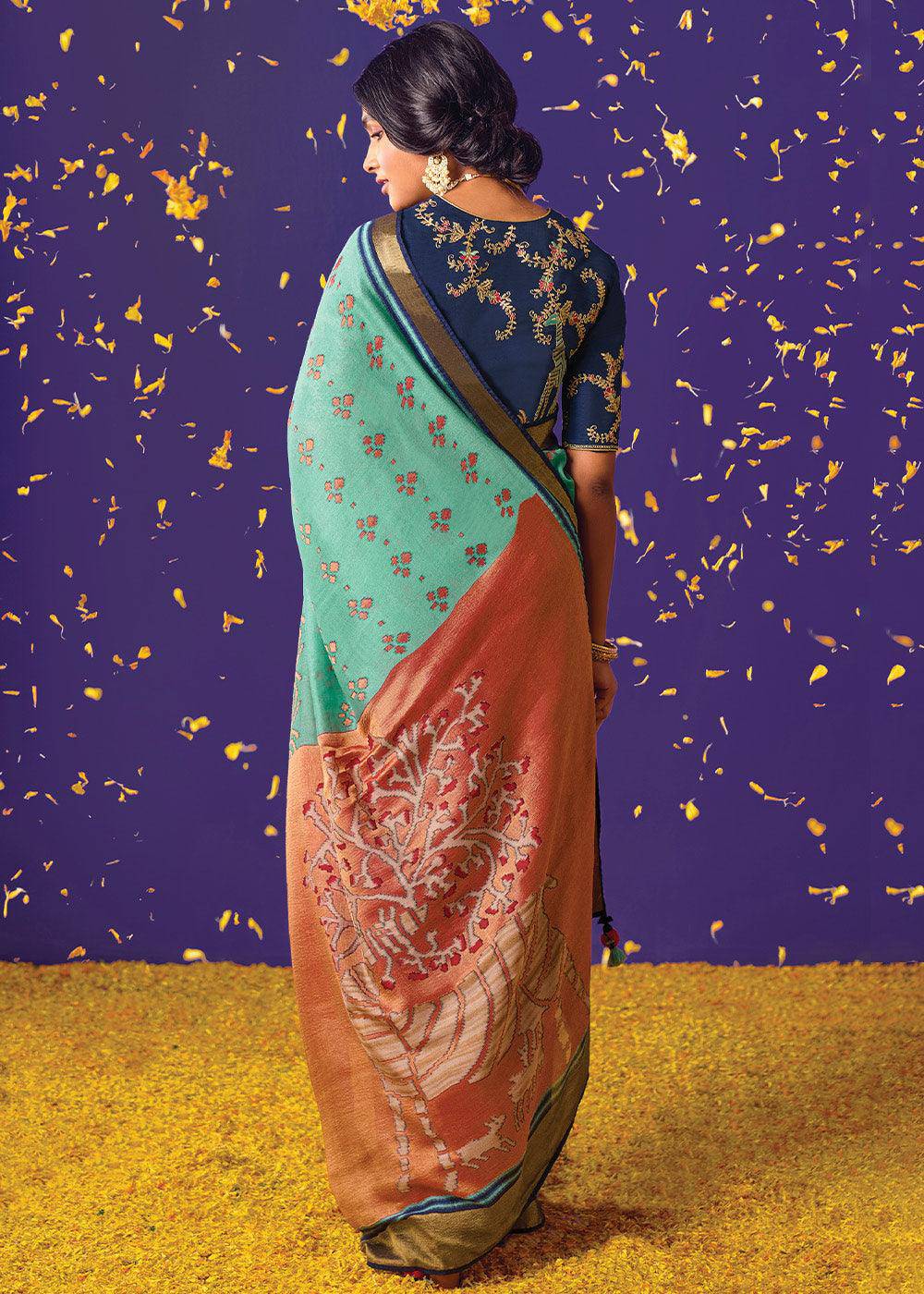 Blue & Orange Printed Paithani Silk Saree with Embroidered Blouse | Stitched Blouse - qivii