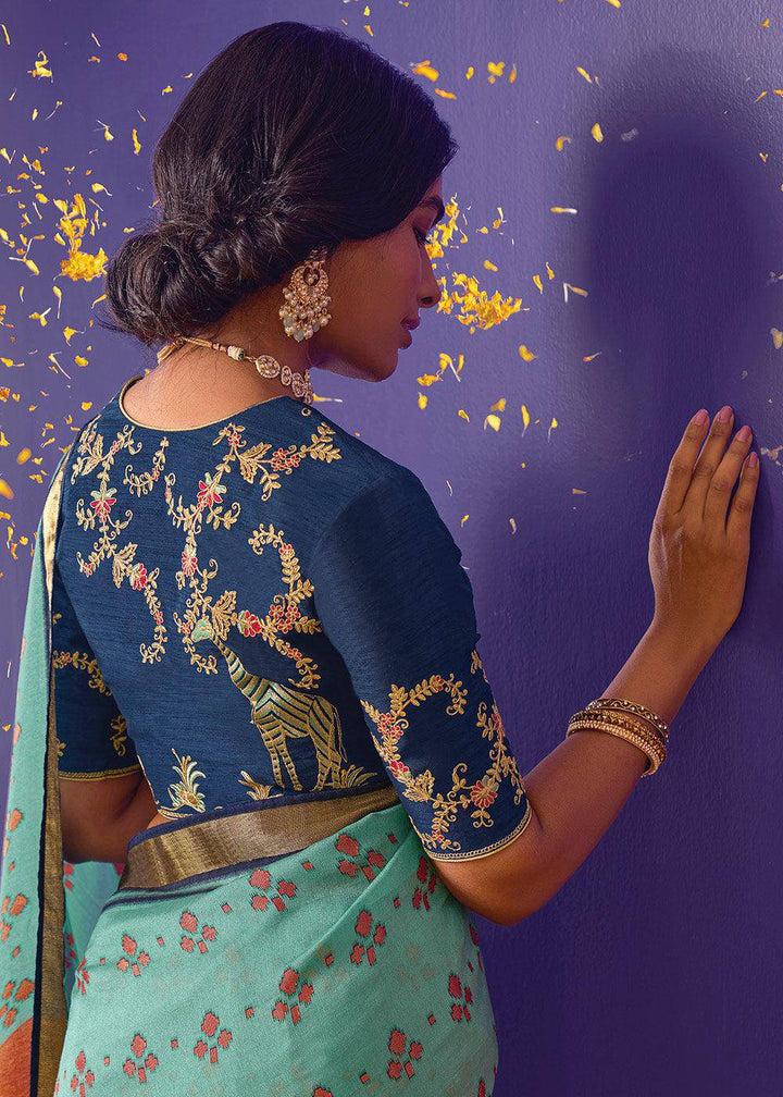 Blue & Orange Printed Paithani Silk Saree with Embroidered Blouse | Stitched Blouse - qivii