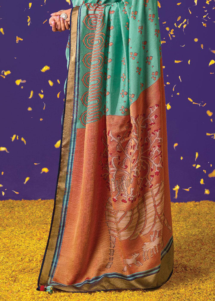 Blue & Orange Printed Paithani Silk Saree with Embroidered Blouse | Stitched Blouse - qivii