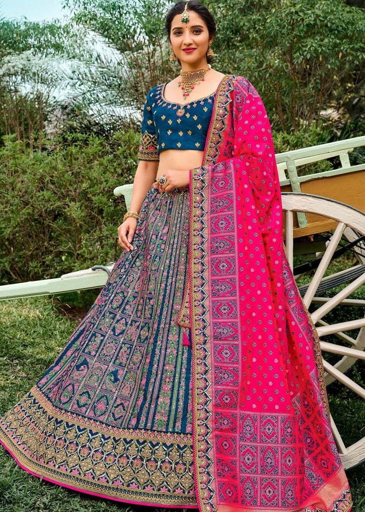 Blue & Pink Banarasi Silk Lehenga Choli - qivii