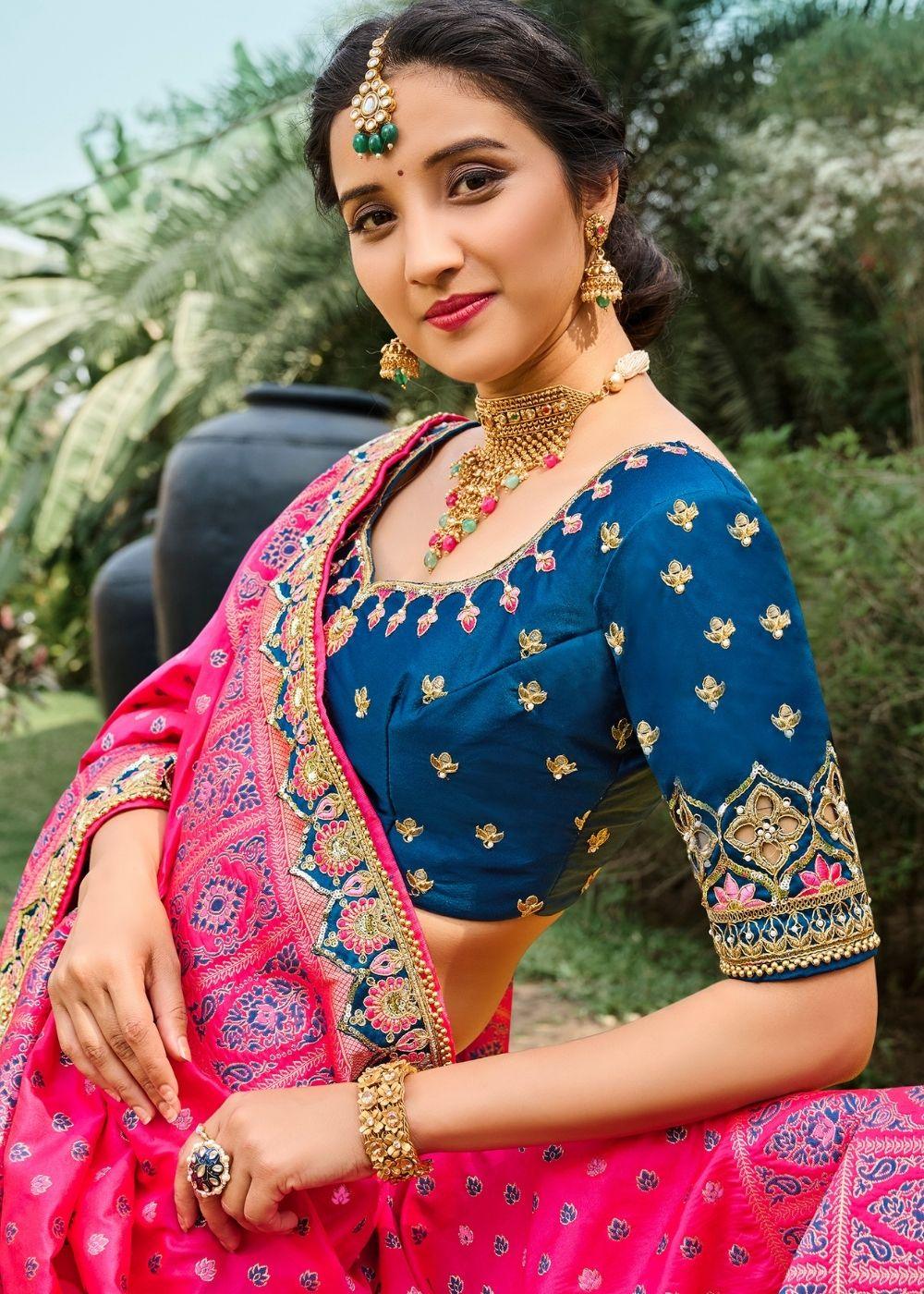 Blue & Pink Banarasi Silk Lehenga Choli - qivii