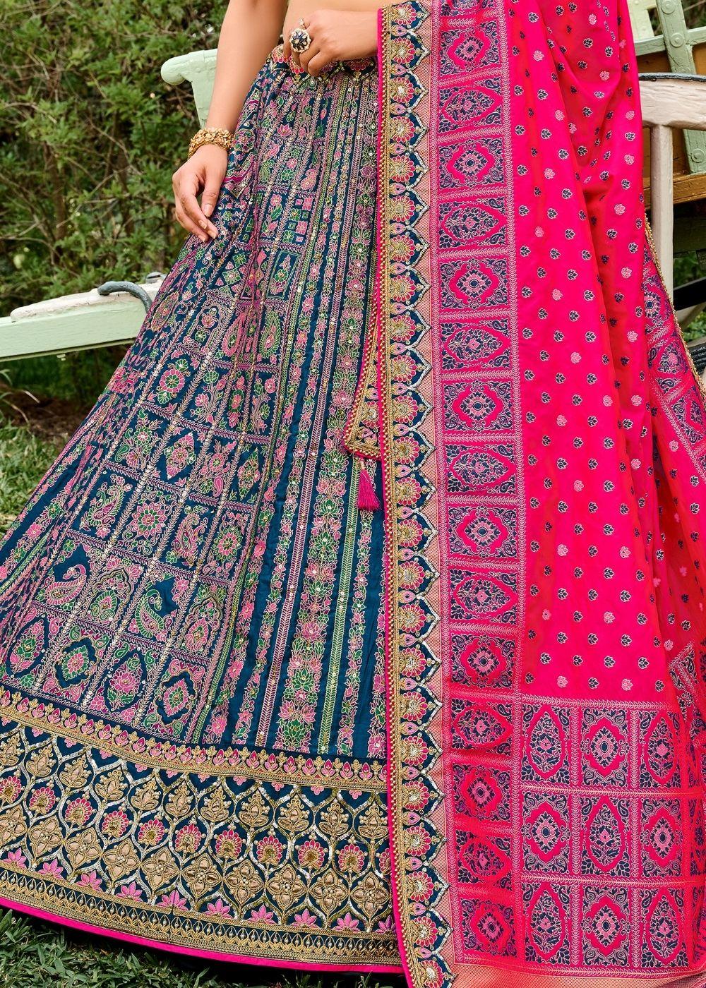 Blue & Pink Banarasi Silk Lehenga Choli - qivii