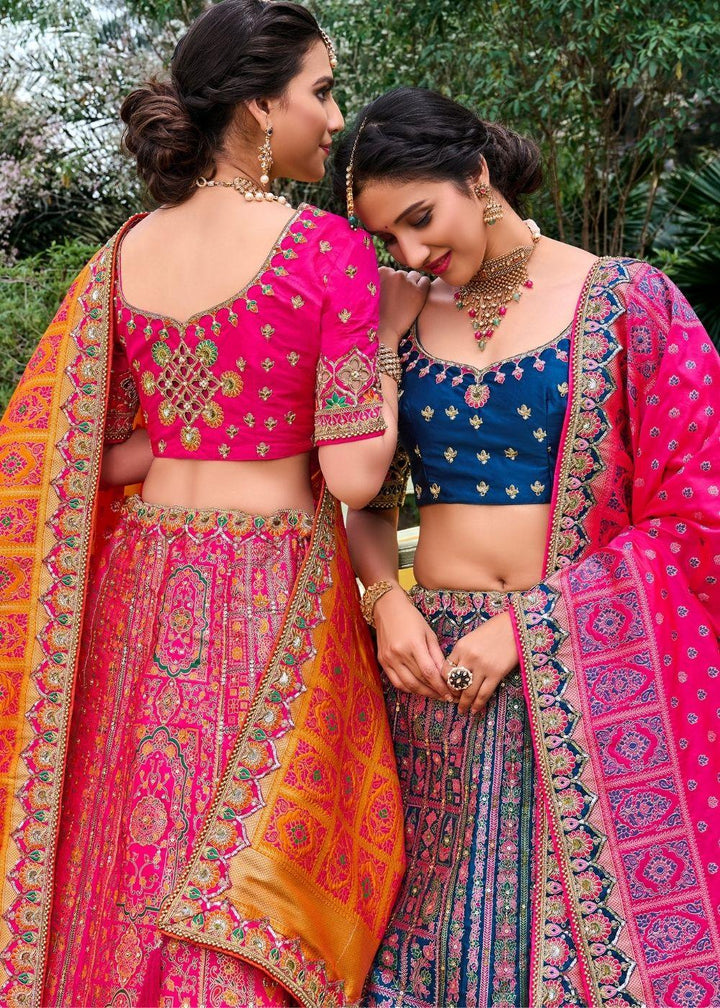 Blue & Pink Banarasi Silk Lehenga Choli - qivii