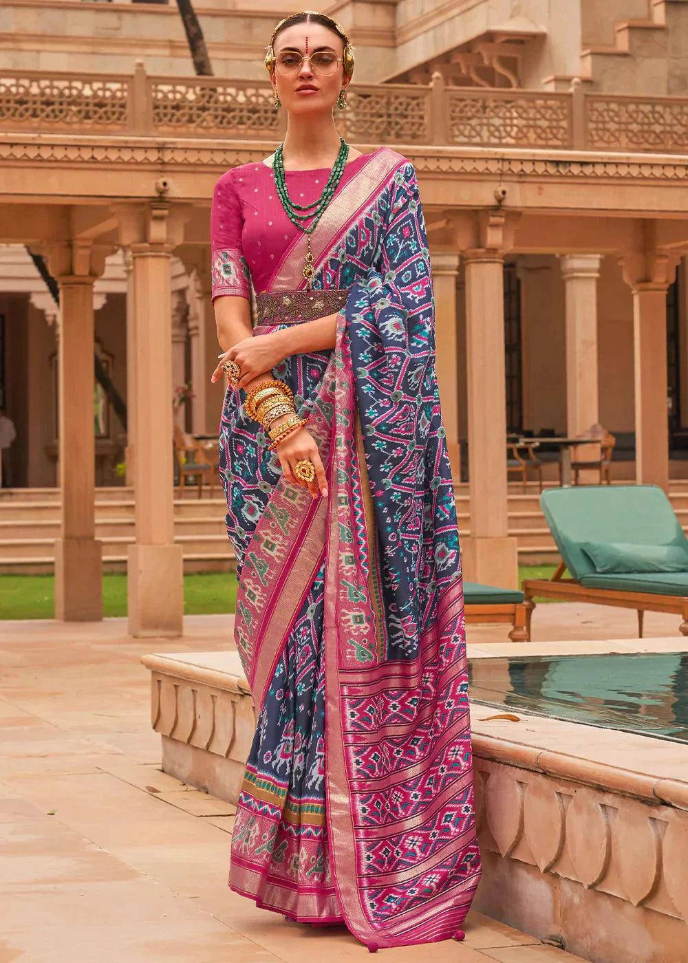 Blue & Pink Patola Printed Smooth Silk Saree | Stitched Blouse - qivii