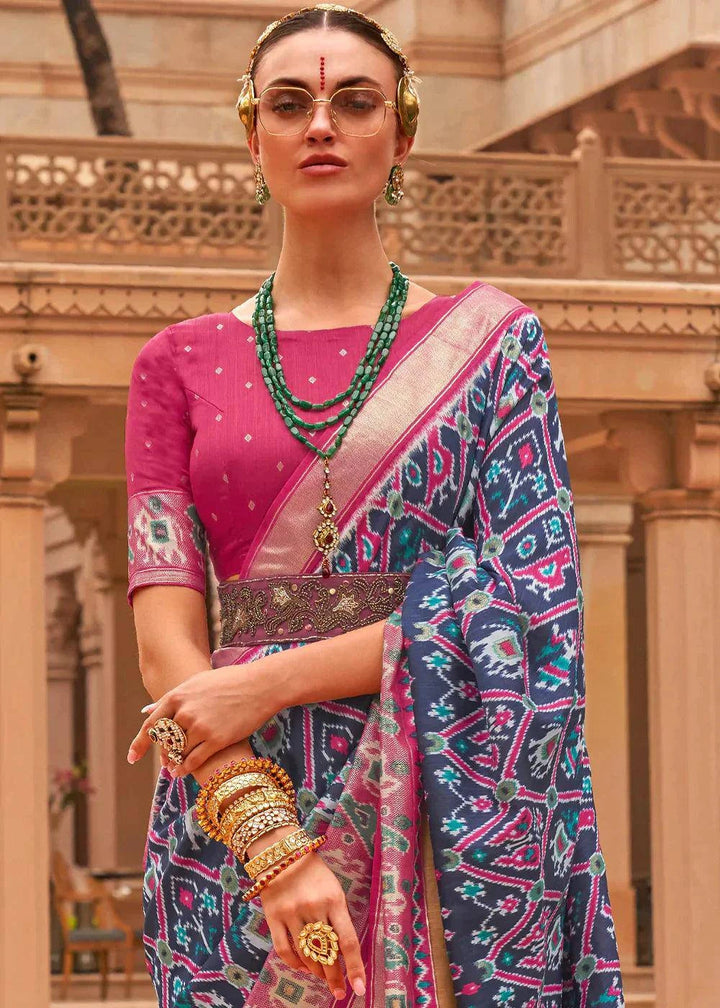 Blue & Pink Patola Printed Smooth Silk Saree | Stitched Blouse - qivii