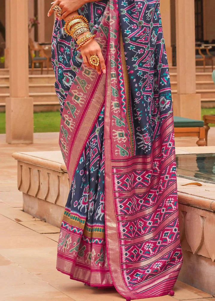 Blue & Pink Patola Printed Smooth Silk Saree | Stitched Blouse - qivii