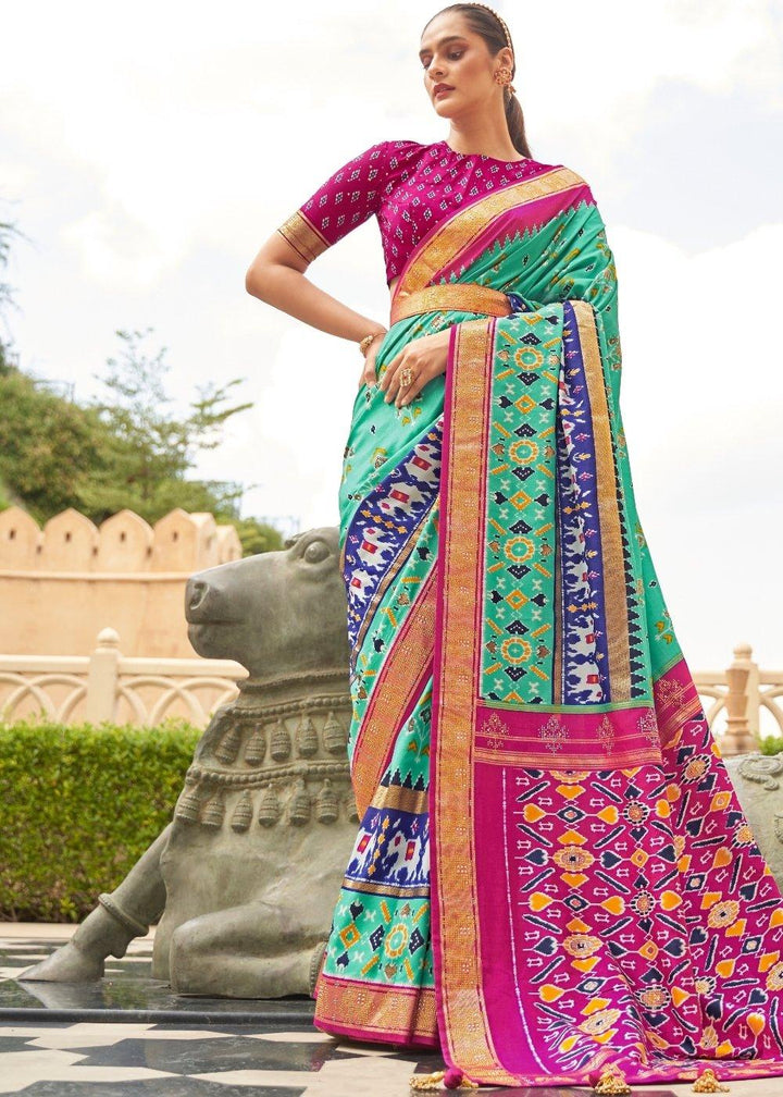 Blue & Pink Patola Silk Saree with Zari Border & Tassels On Pallu | Stitched Blouse - qivii