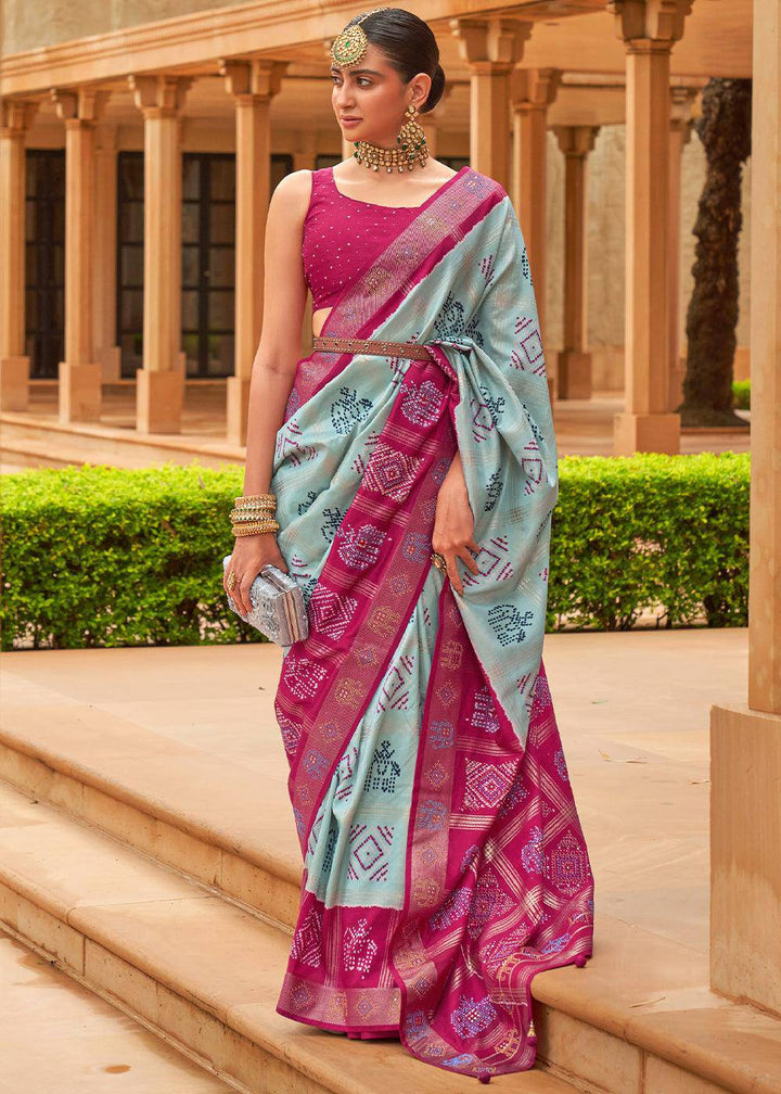 Blue & Pink Printed Patola Silk Saree with Swaroski Work | Stitched Blouse - qivii