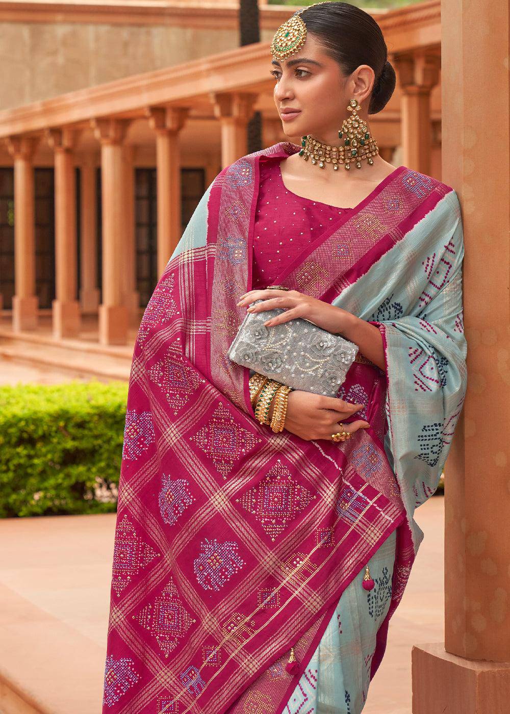 Blue & Pink Printed Patola Silk Saree with Swaroski Work | Stitched Blouse - qivii